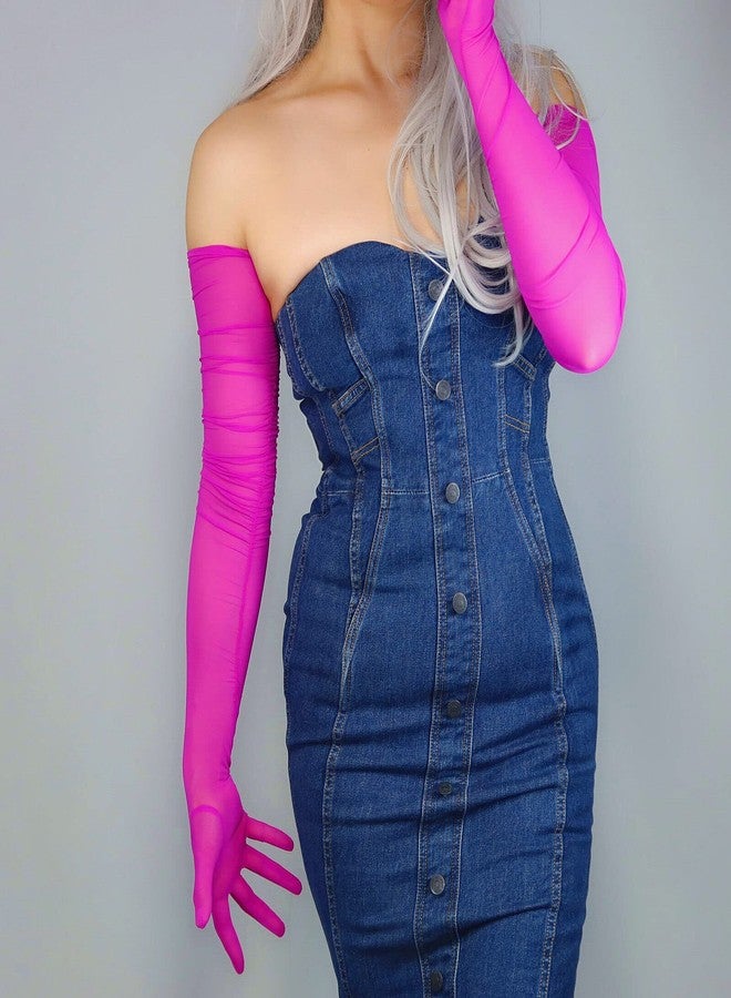 DooWay Women Fashion Super Long Tulle Gloves Touchscreen Rose Pink Ruched Shoulder Opera Evening Sheer Gloves - Image 3